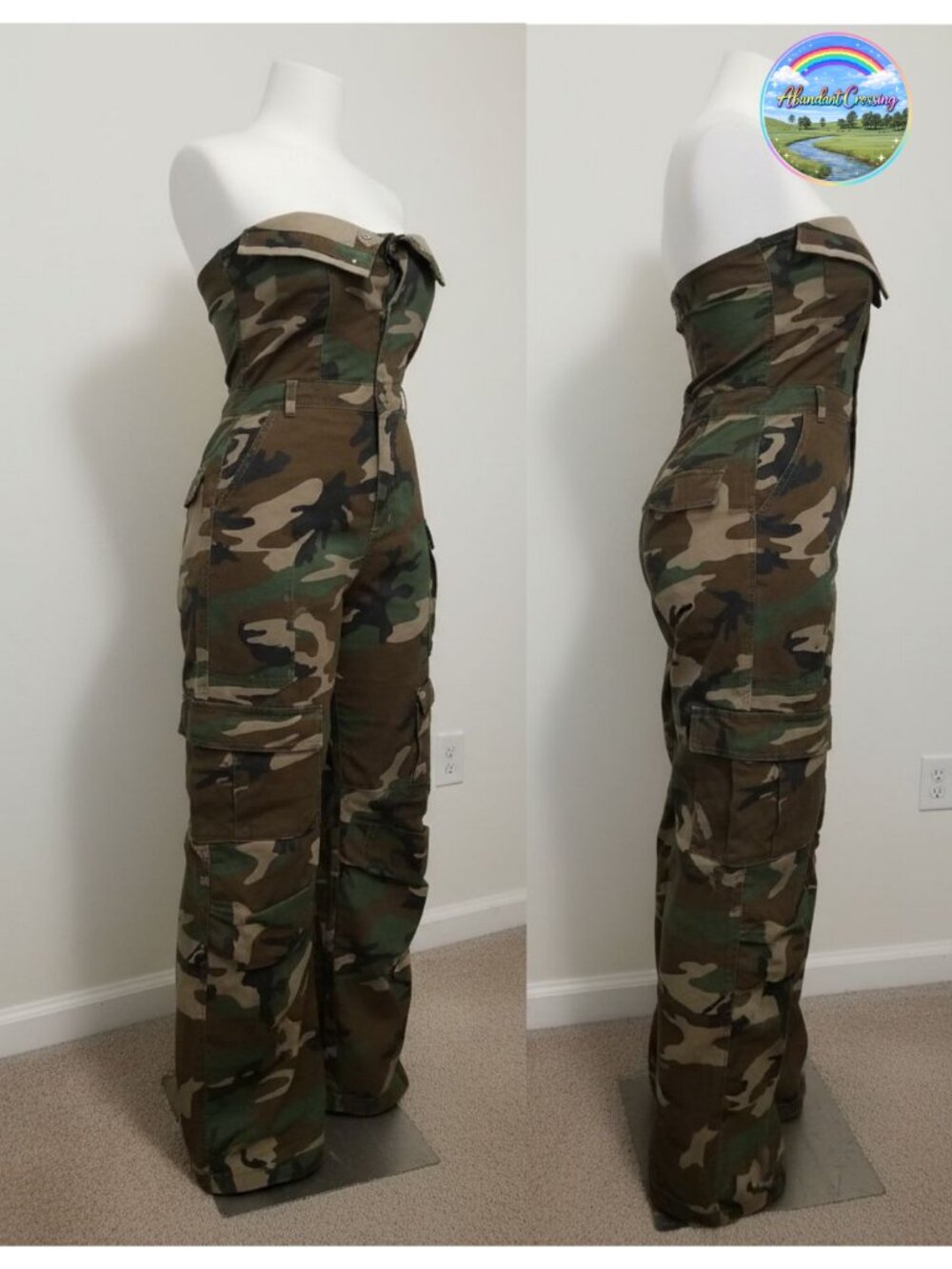 Cargo Denim Jumpsuit Strapless Tube Wide Leg Sleeveless Utility Pockets